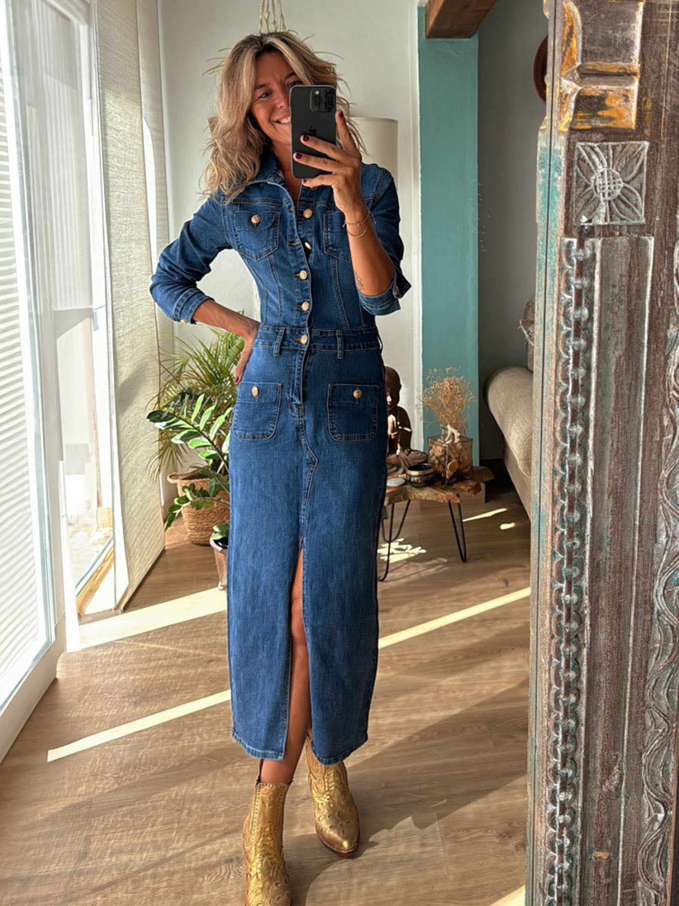 Vorioal Multi-Button Denim Dress