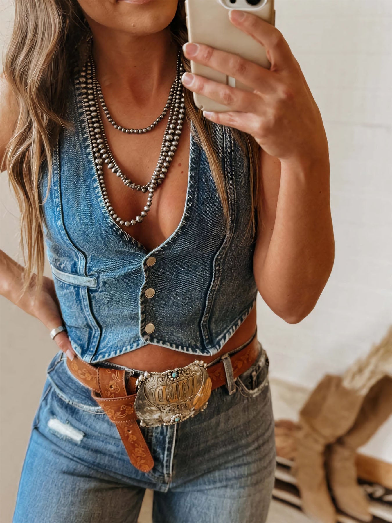 Vorioal Pocket Denim Vest