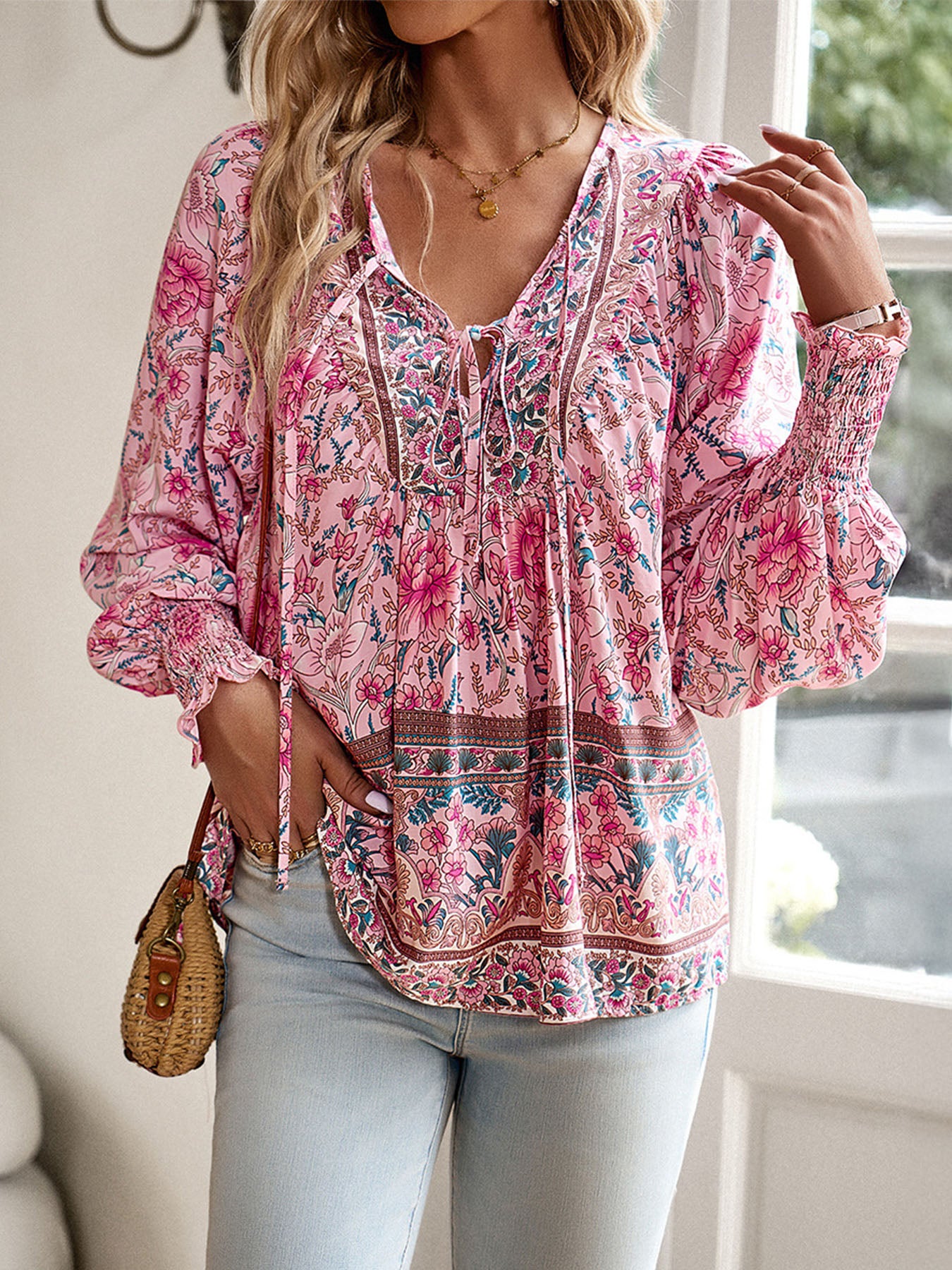 Boho Ruffle V-Neck Blouse