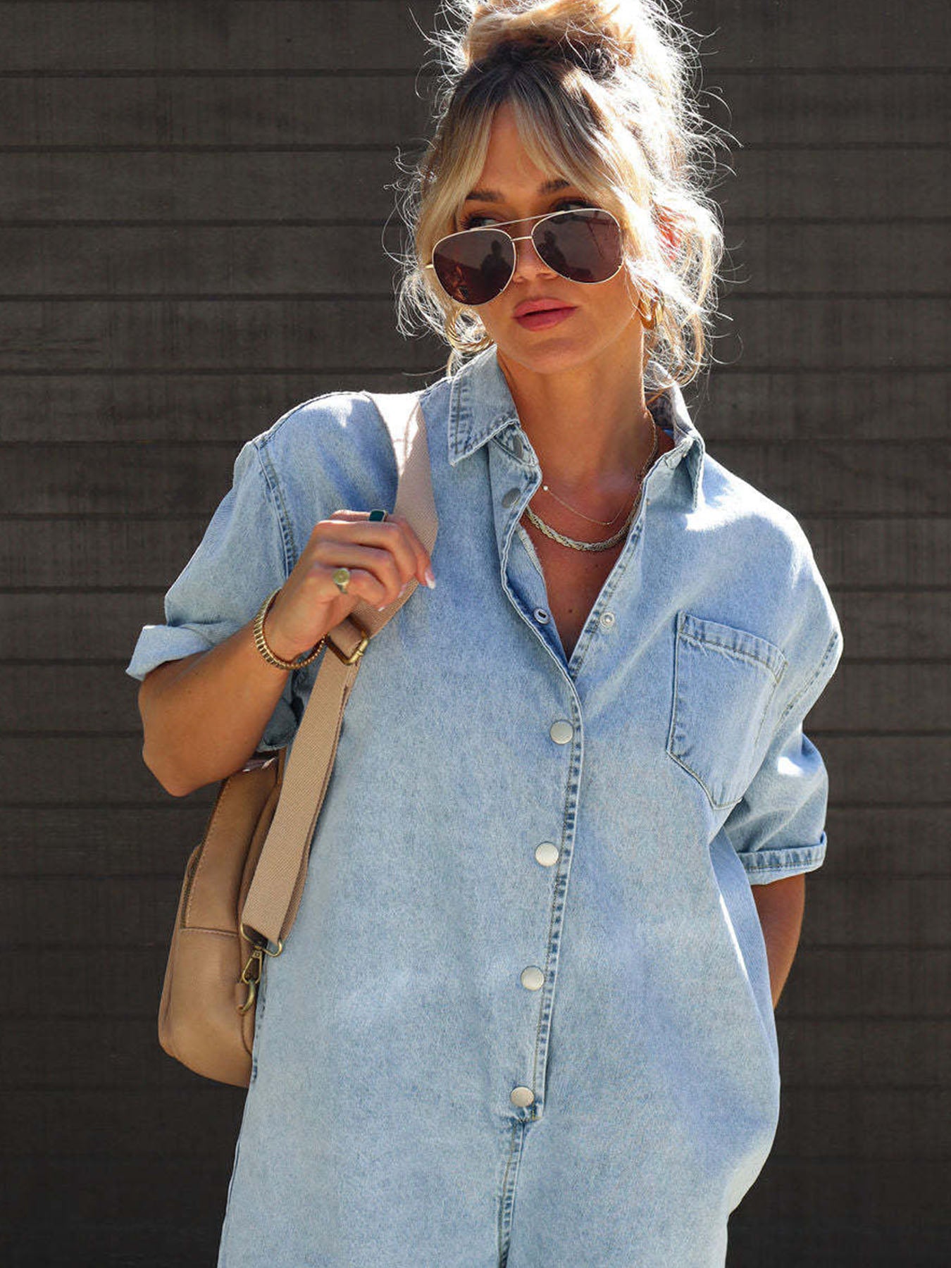 Vorioal Lapel Short Sleeve Denim Jumpsuits