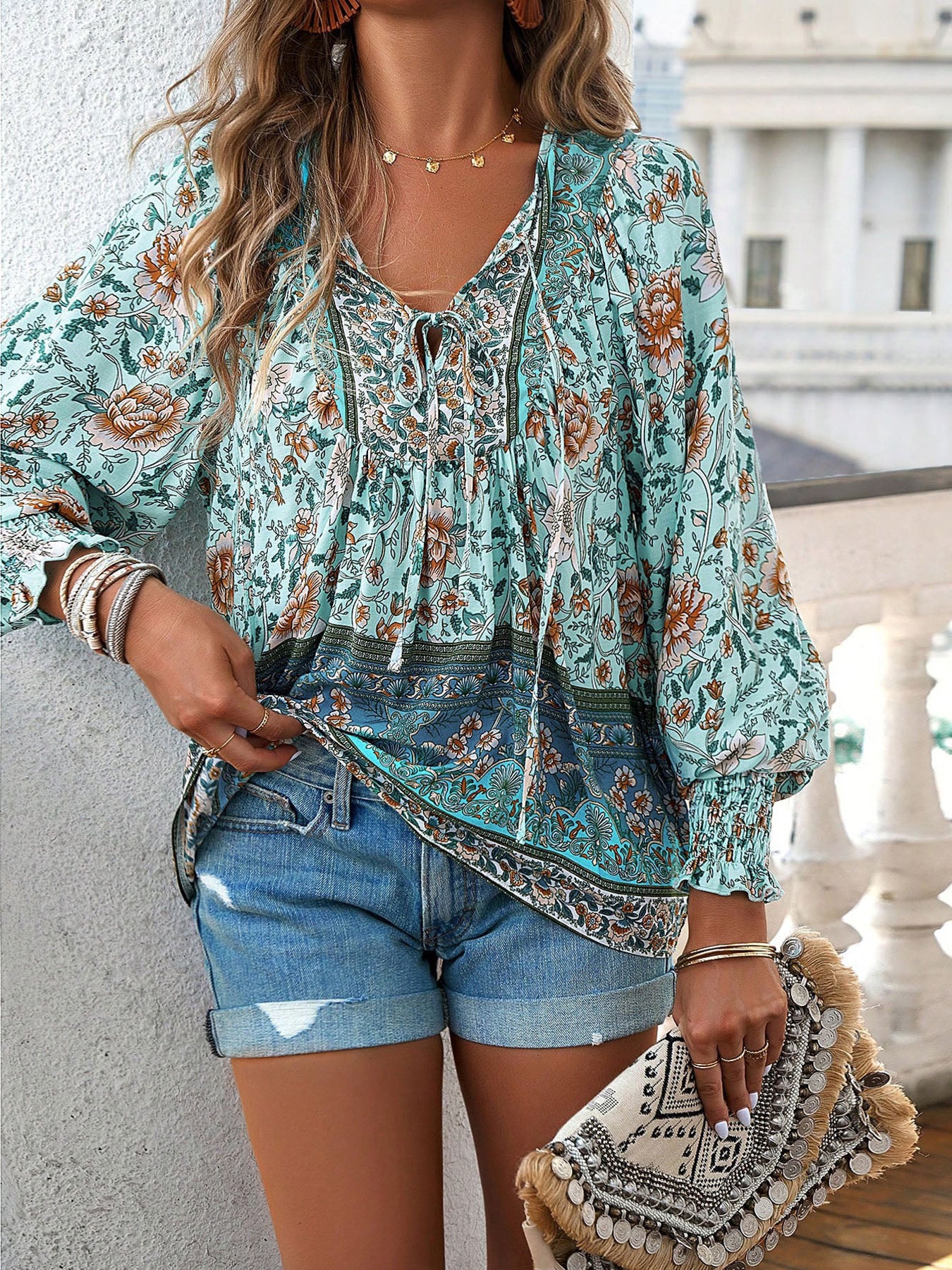 Boho Ruffle V-Neck Blouse