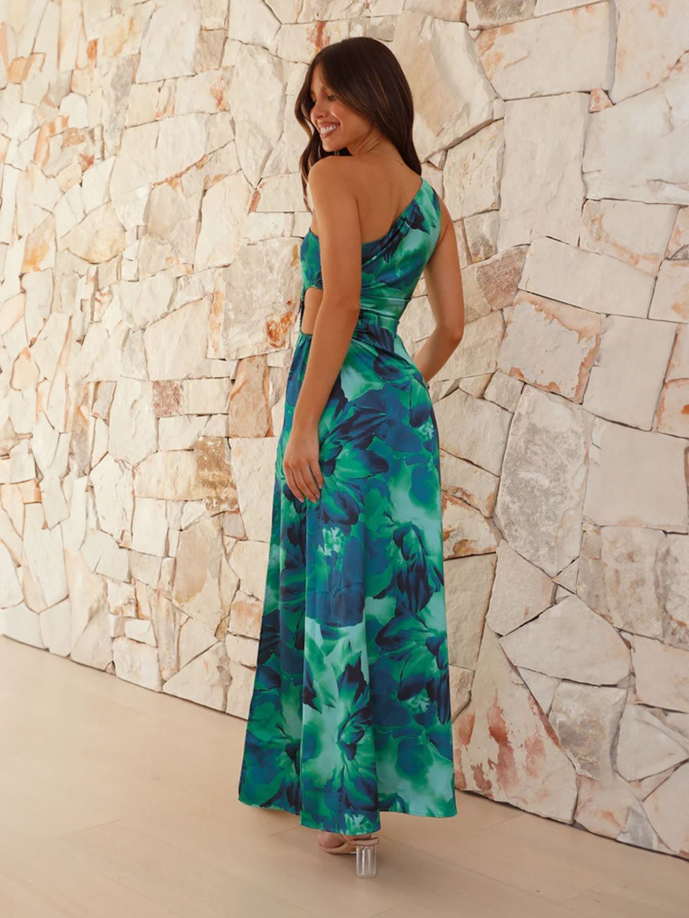 Teal One-Shoulder Slit Maxi Dress