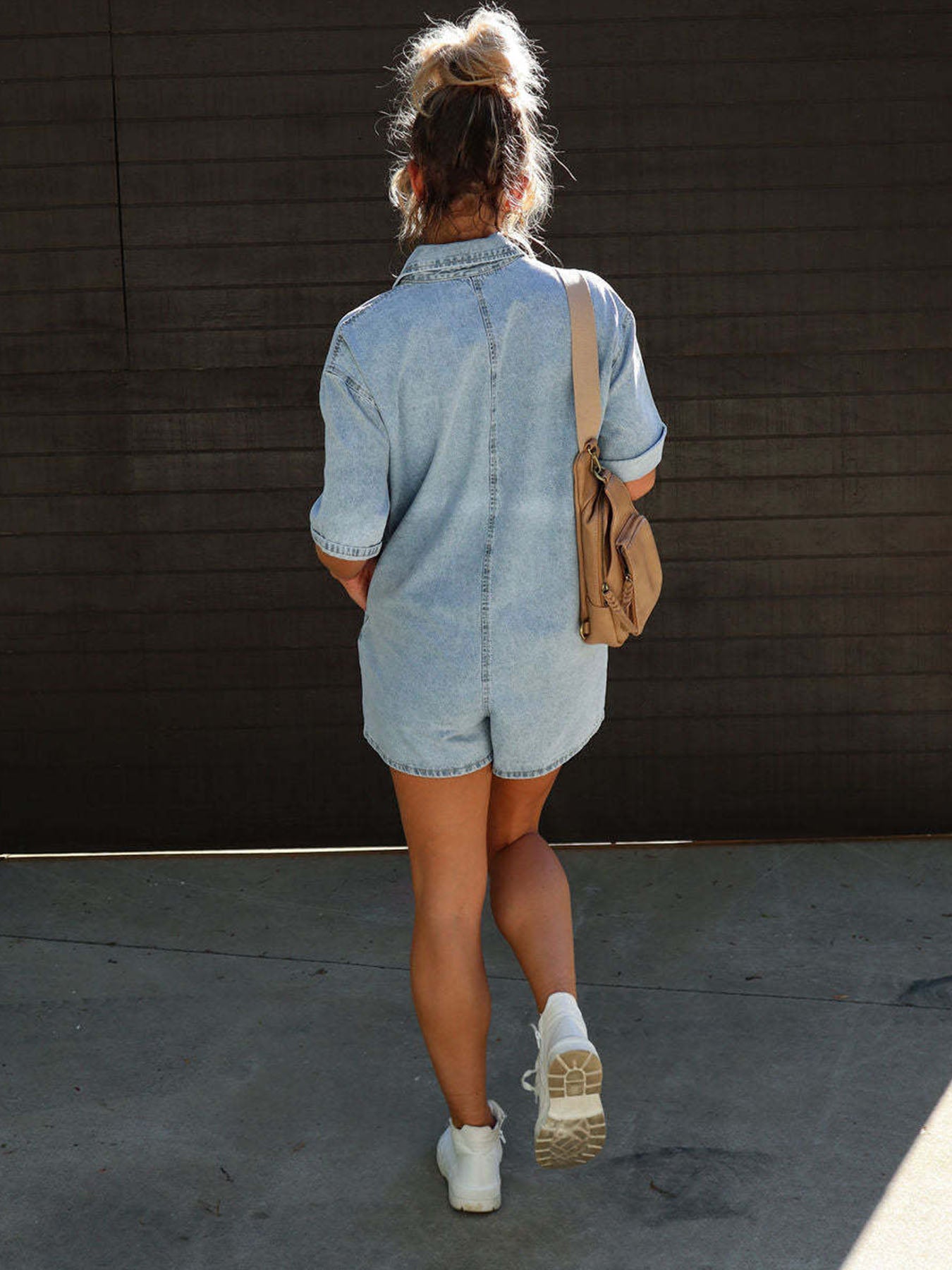 Vorioal Lapel Short Sleeve Denim Jumpsuits