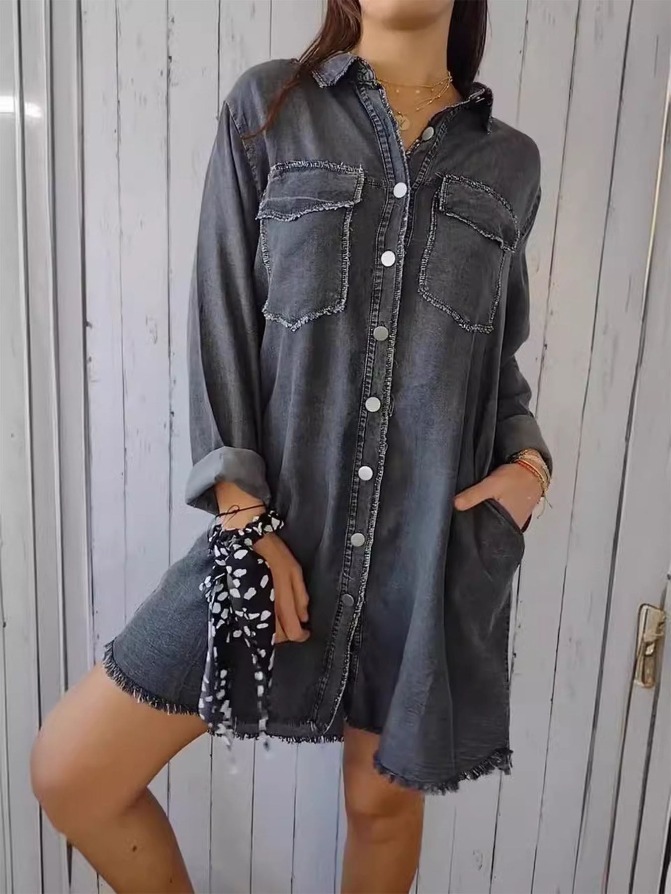 Vorioal Washed Denim Lapel Coat