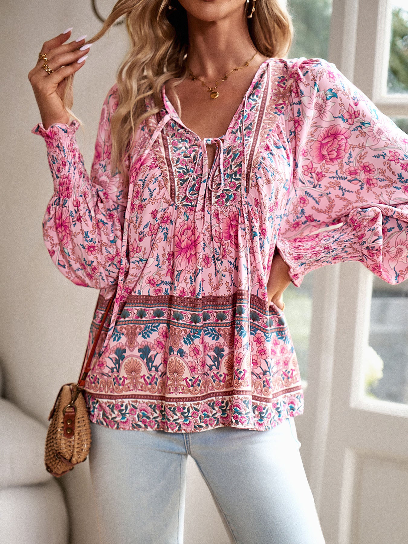 Boho Ruffle V-Neck Blouse