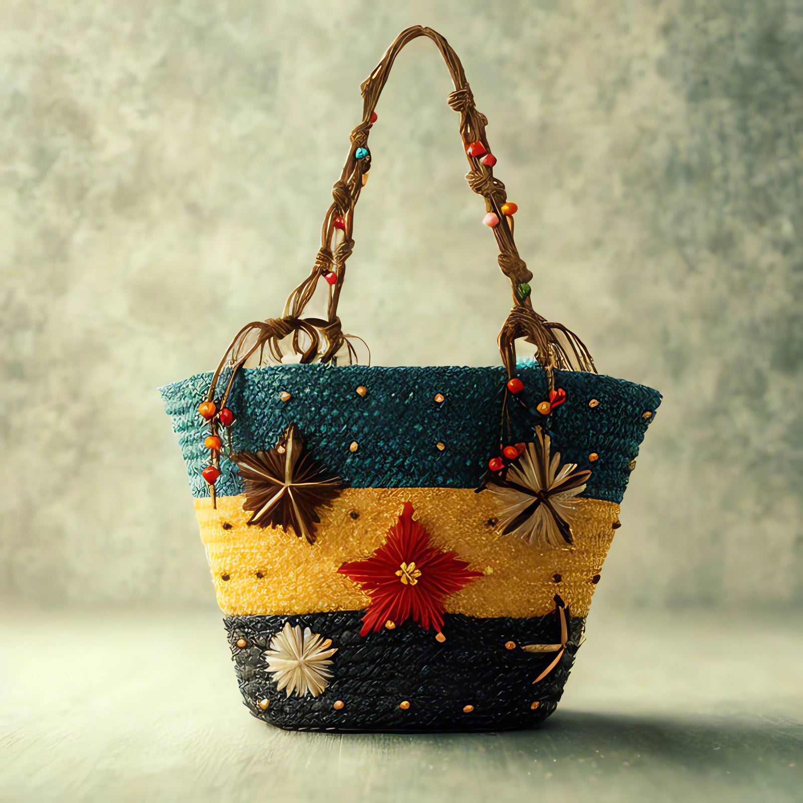 Embroidered Starfish Straw Bag