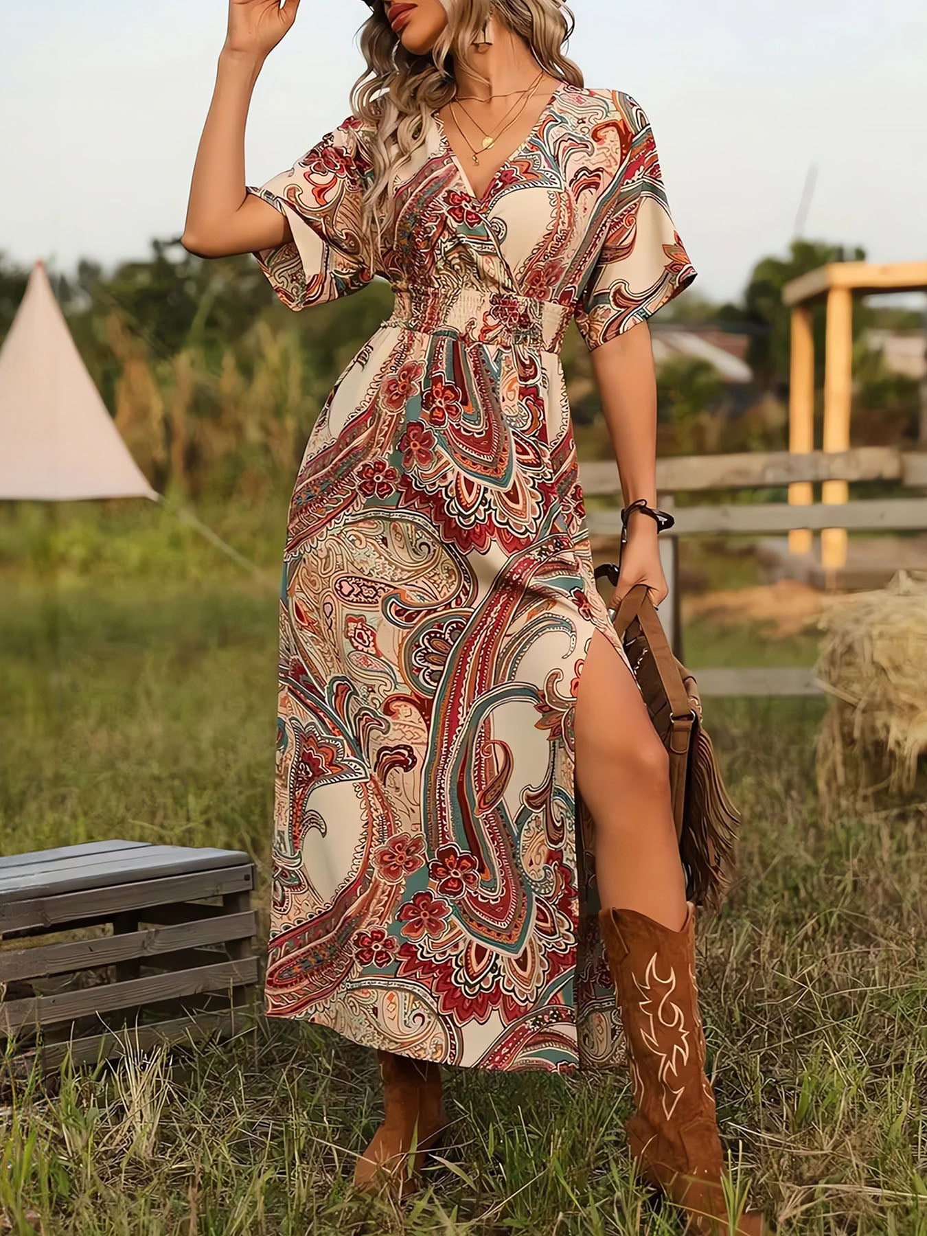 Vorioal Boho Slit Printed Dress