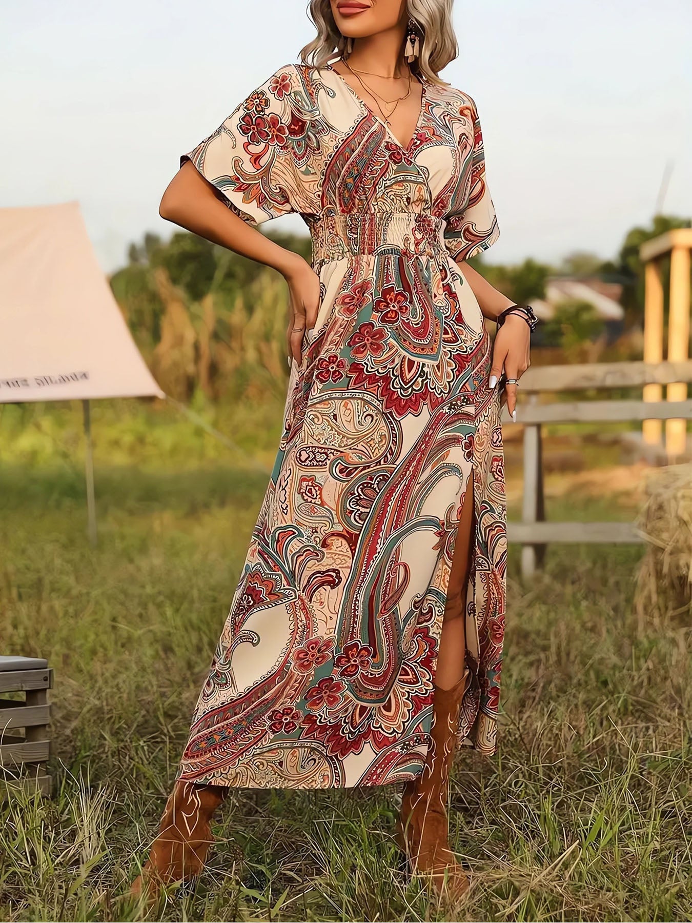 Vorioal Boho Slit Printed Dress