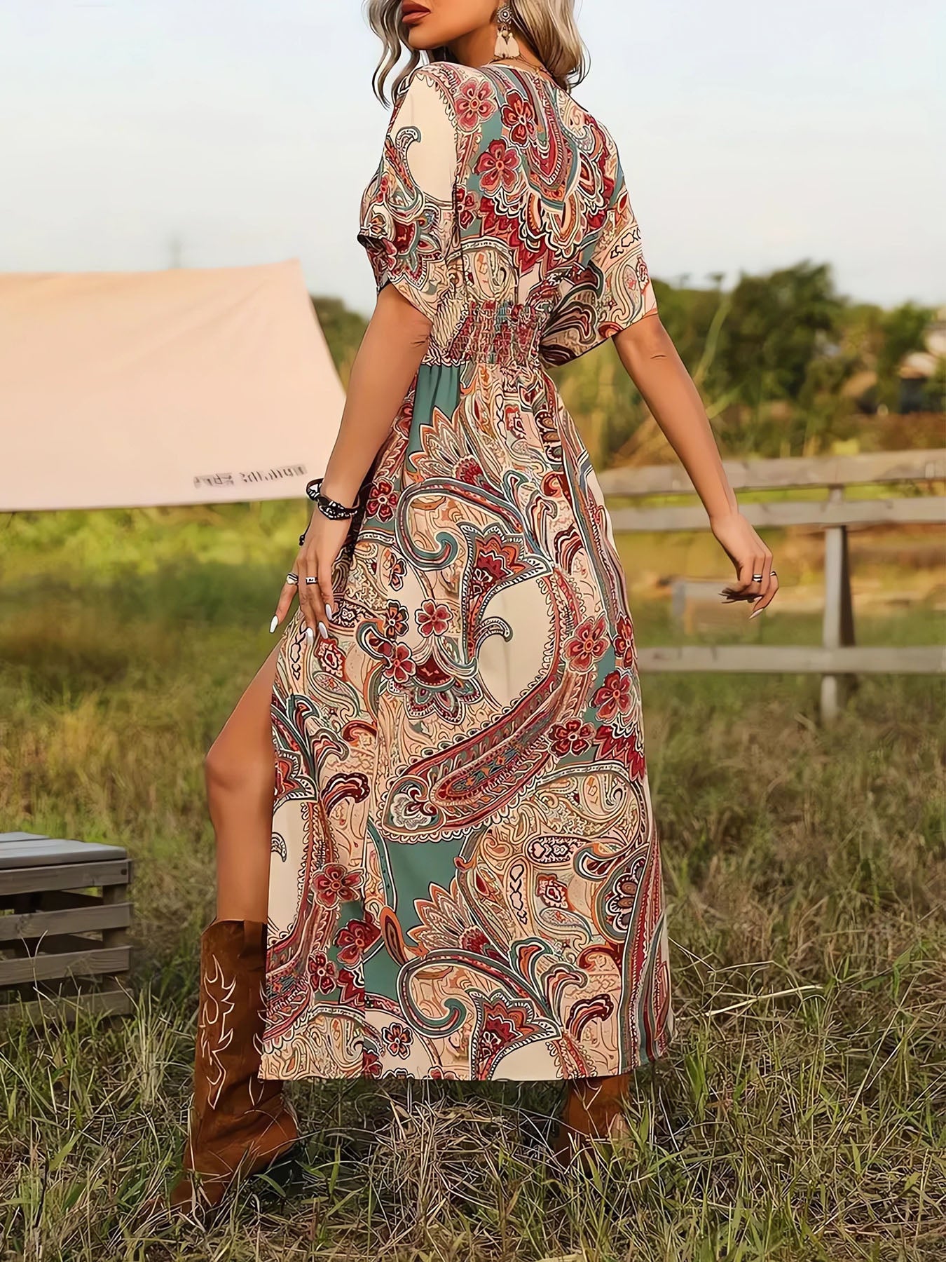 Vorioal Boho Slit Printed Dress