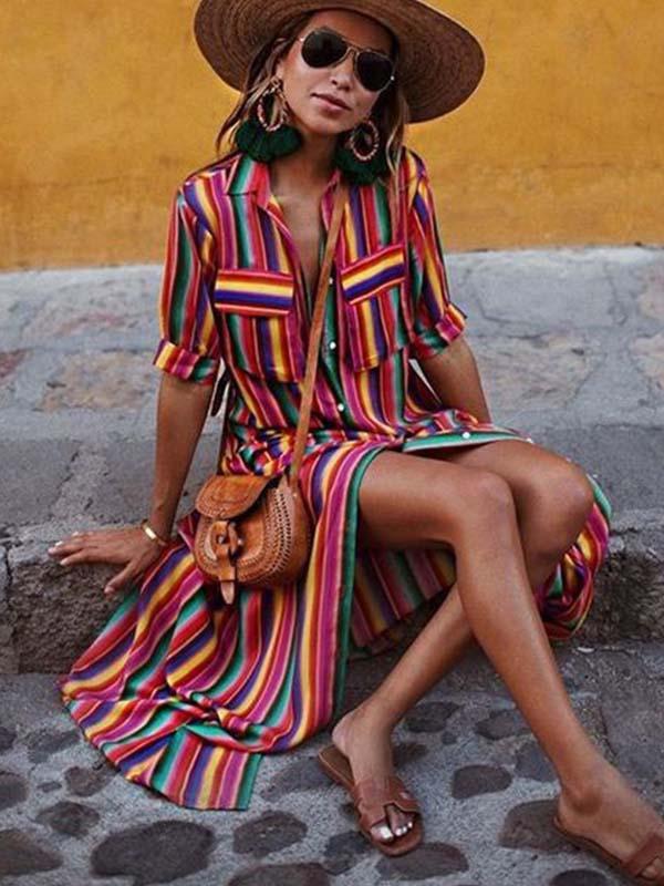 Bohemian striped multicolor ankle length dress best sale